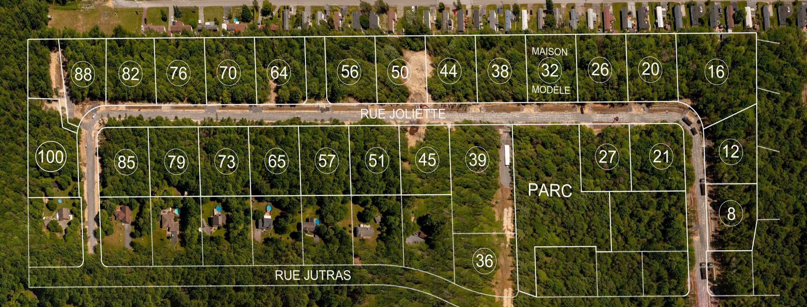 Plan aérien du secteur PUR Granby, rue Jutras et rue Joliette à Granby. Les numéros sont les adresses civiques des terrains.